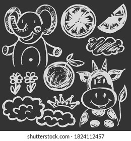 Cute childish drawing white chalk blackboard  Pastel chalk pencil funny doodle style   Elephant  cow  oranges  clouds