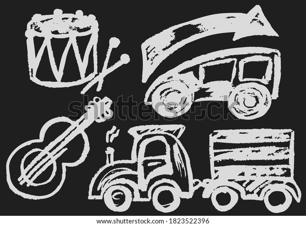 Cute childish drawing with white chalk on\
blackboard. Pastel chalk or pencil funny doodle style . Drum,\
guitar, race car,\
train