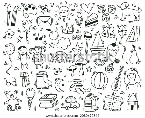 Cute childish kindergarten hand drawn doodle\
elements. Funny hand drawn children learn and play  symbols set.\
Doodle baby icons. Illustration of kindergarten and preschool, kid\
drawing doodle