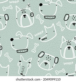 Cute childish seamless hand-drawn pattern with cute dogs, bones, dots on a mint background. Kids repeating texture is ideal for fabrics, cards, textiles, wallpaper, clothing. Puppy background. - Powered by Shutterstock