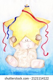 cute childish watercolor illustration  Funny animal and yellow star