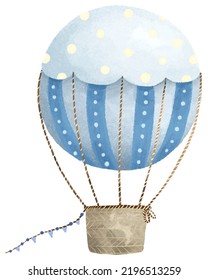 Cute Childish Watercolor Illustration, Hand Painted Art With Transport, Hot Air Ballon