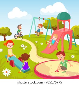 Cute Children Playground Happy Children Playing Stock Illustration ...