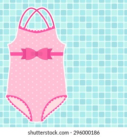 Cute Children Swimsuit On Pool Tiles Background With Free Space For Your Text, Can Be Used As Pool Party Invitation, Summer Sale Of Kids Swimwear Etc