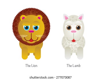 A Cute Children's Lion And A Lamb Illustration Isolated On White.