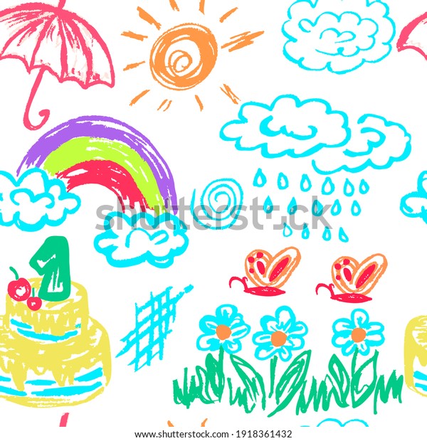 Cute children\'s Seamless drawing.Wax crayons. Icons,\
signs, symbols,\
pins