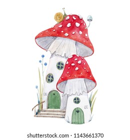 Cute children's watercolor illustration  house mushroom amanita  The fairy house gnome  snail 
