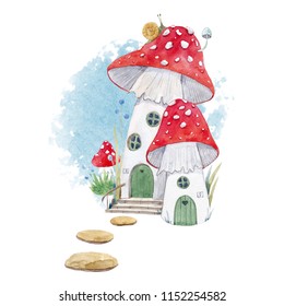 Cute children's watercolor illustration  house mushroom amanita  The fairy house gnome  snail  blue sky