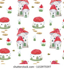 Cute children's watercolor illustration  house mushroom amanita  The fairy house gnome  snail  cute pattern 