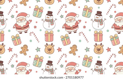 Cute Christmas seamless vector pattern in a playful kids’ style. Santa Claus, snowmen, reindeer, gifts, candy canes, and gingerbread cookies in soft pastel colors. Perfect for holiday wrapping paper