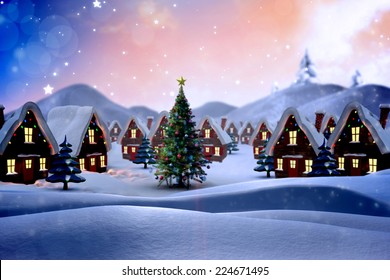 Cute Christmas Village Against Snowy Landscape With Fir Trees