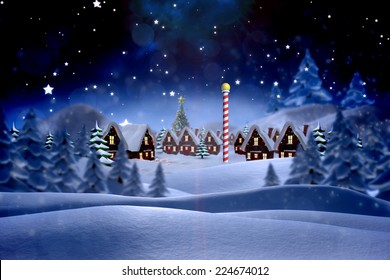 Cute Christmas Village Against Snowy Landscape With Fir Trees