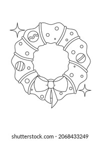 Cute Christmas wreath ornate and ribbon   toys  Black   white Christmas coloring page for kids 