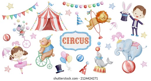Cute circus watercolor illustration set. Circus tent, magician,  elephant, bear, mouse, rabbit, sea lion, logo.