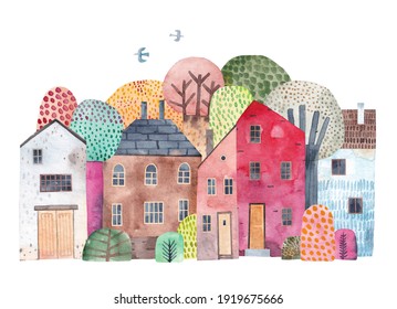 Cute City. Watercolor Poster. Painting For The Children's Room. Old Town Landscape.