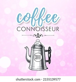 Cute Coffee Connoisseur Design With Coffee Pot And Pink Background.