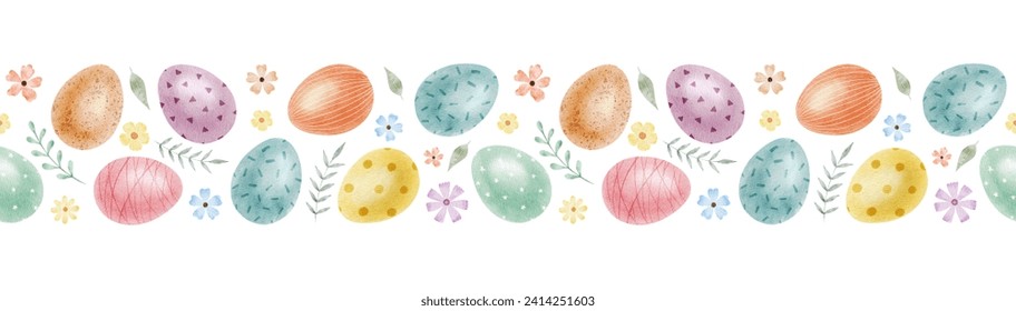 Cute colorful Easter eggs, flowers and leaves. Spring seamless border of with Easter Eggs with Pastel Colors. Isolated watercolor illustration. Template for Easter cards, covers, posters, invitations - Powered by Shutterstock