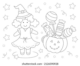 cute coloring page for kids and pumpkin full halloween candy   little girl and witch hat  outline black   white design and fun shapes  you can print it standard 8 5x11 inch paper