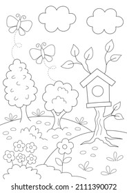 Cute Coloring Page For Kids Of A Spring Garden With Trees, A Birdhouse, Butterflies And More. Vertical Orientation. You Can Print It On Standard A4 Paper