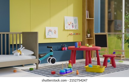 Cute Colourful Kids Bedroom Interior Design With Creative Kid Toys, Kid Easel, Bicycle, Children's Table And Comfy Bed. 3d Rendering, 3d Illustration