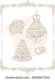 Cute composition of isolated hand drawn illustrations. Perfect for a Bridgerton themed wedding design (aesthetic, whimsical line art style)