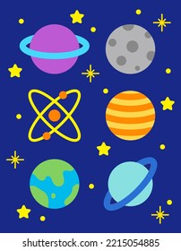 Cute Concept Space Galaxy Planet Illustration Icon Set. Stars, Moon, Earth, Jupiter, Venus, Saturn, Mars.