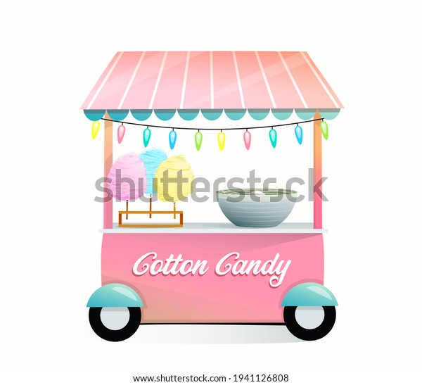 Cute cotton candy machine cart or stall on\
wheels, pink color design for kids and children. Colorful\
watercolor style candy floss\
cartoon.