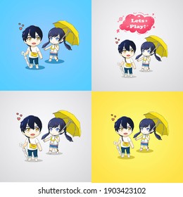 cute couple illustration bundle, using chibi and anime style, design for sticker, poster, t-shirt, wall decoration, book cover, card, movie adaptation, valentine edition - Powered by Shutterstock - Get 15% off with code: PIKWIZARD15