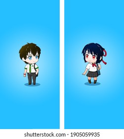 cute couple illustration for mobile wallpaper, special valentine theme, blue, simple, flat, using chibi and anime style, suitable for all phone type, with 4k resolution, japanese, highschool