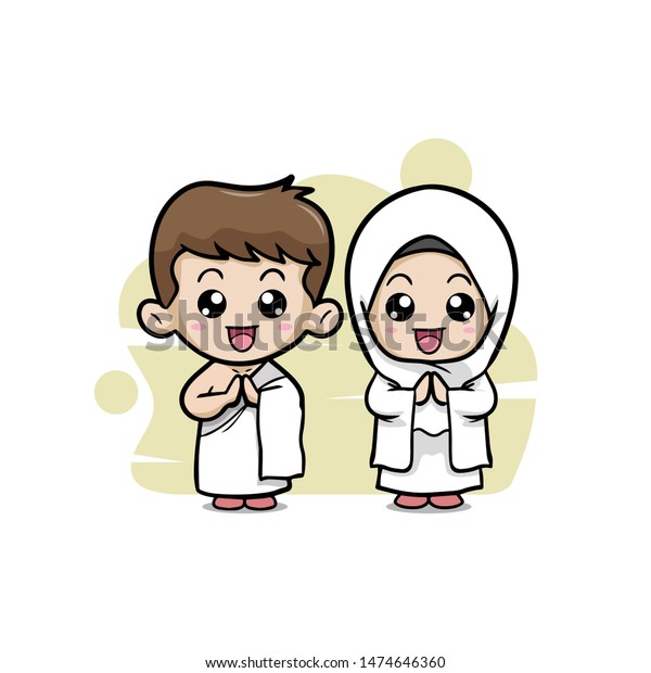 ムスリムのかわいいカップルの子どもと布のハジ のイラスト素材