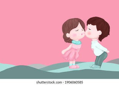 cute couple on pink background, Design template Celebration typography poster, Banner for Valentine Day concept, Drawing from digital program technique in computer. - Powered by Shutterstock