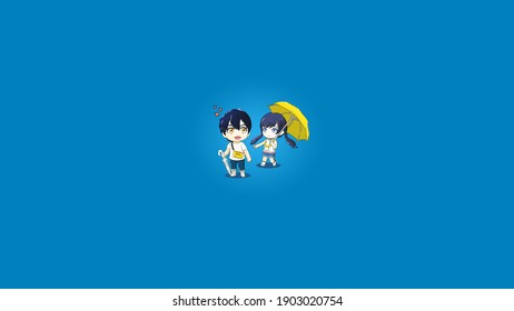 Cute Couple Pc Or Laptop Wallpaper, With 4k Resolution, Blue Theme, Special Valentine, Chibi And Anime Style, Movie Adaptation, Weather And Season Concept, Japan Scene 