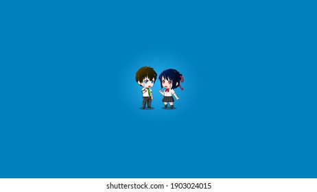 Cute Couple Pc Or Laptop Wallpaper, With 4k Resolution, Blue Theme, Special Valentine, Chibi And Anime Style, Movie Adaptation, Weather And Season Concept, Japan Scene, Translation Text Fool, Dummy 