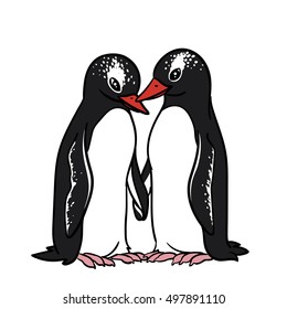 Cute Couple Penguins Standing And Holding Hands On A White Background. Illustration Of Two Gentoo Penguins Holding Hands In Cartoon Style For Your Design. Penguins In Love.