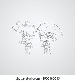 Cute Couple Sketch, Umbrella, Love, Design For Coloring Book, Using Chibi And Anime Style