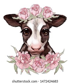 Cute Cow In Peony Flowers On A White Background, Farm Animal, Print On A T-shirt, Hand-drawn Illustration, Decor For Children, Baby Clothes, Baby Products, Poster, Wallpaper, Postcard. Cut Animal