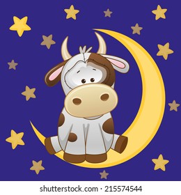Cute Cow Sitting On Moon Stock Illustration 215574544
