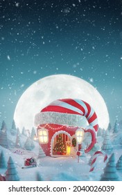 Cute cozy dreamlike Christmas decorated house in shape of tea cup with opened door and fireplace inside in magical forest at Christmas night. Unusual christmas 3d illustration greeting card