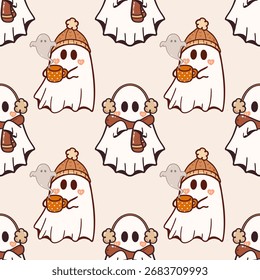 Cute Cozy Ghost Seamless Pattern with Winter Hat and Hot Drink 