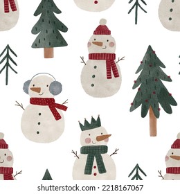 Cute Cozy watercolor Christmas illustration. Christmas decorations and characters. Hand drawn new year seamless pattern with Christmas tree, snowman, gifts, stars, gnomes - Powered by Shutterstock