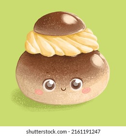 Cute Cream Brioche Isolated On Green Background