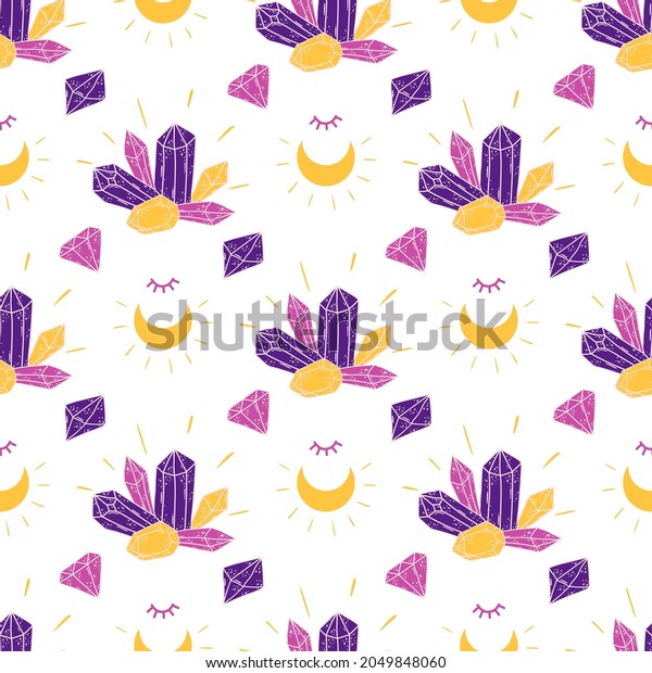 Cute crystal mystic pattern. Witchcraft childish\
magic spiritual background. Mystic crystal gems, stones, minerals,\
moon texture. Kids illustration. Witch crystal halloween party\
wallpaper surface.