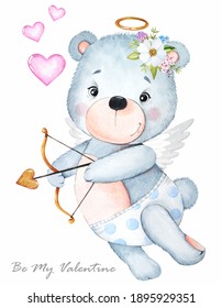 Cute Cupid Bear On White Background. Valentine's Day. Watercolor Clipart.