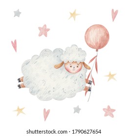 cute, curly lamb with balls in her hands flies on a white background, in multi-colored stars and hearts children's illustration watercolor, children's design of open cards, invitations - Powered by Shutterstock