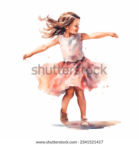Cute dancing girl illustration. Little Girl watercolor style clipart isolated on white background.