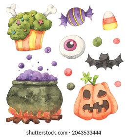 Cute Decorations Related To Halloween Such As Cupcake, Candies, Eyeball, Bat, Smiley Face Pumpkin And Cauldron. Watercolor Illustration, Suitable For Use As Decorations In Designs.