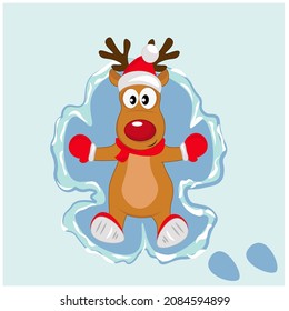 A Cute Deer In A Santa Claus Hat On The Snow Makes A Snow Angel. Cartoon Illustration For Children