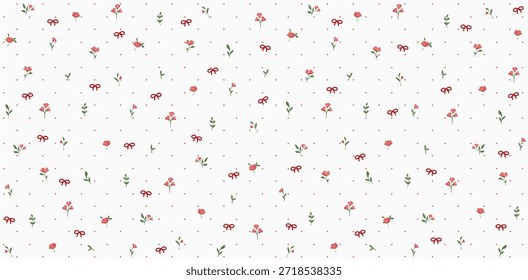 A cute and delicate seamless pattern with tiny red flowers, green leaves, and little red bows and dots on a white background.