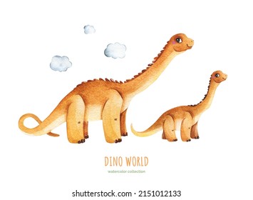 Cute Dino World Collection. Watercolor Composition With Clouds And Cute Dinosaurs.Perfect For Baby Shower,patterns,nursery Decorations,invitations,party.