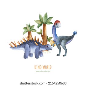 Cute Dino World Collection. Watercolor Composition With Palm Trees,plants And Cute Dinosaurs.Perfect For Baby Shower,patterns,nursery Decorations,invitations,party.